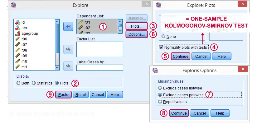 SPSS Kolmogorov Smirnov Test Explore Dialog
