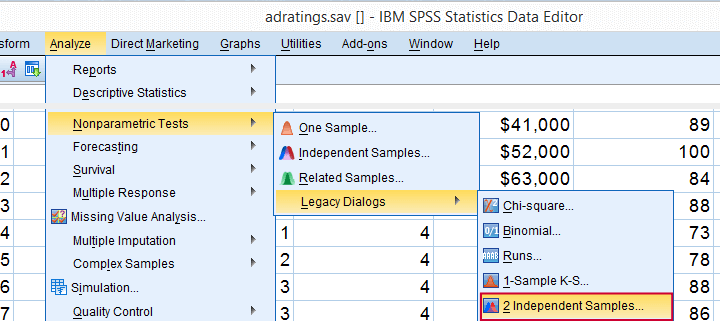 SPSS Mann-Whitney U 检验 - 分析，非参数检验，旧对话框，2 个独立样本